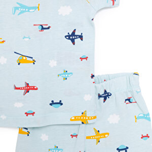 Erkek Kısa Kol Uçak Desenli Bisiklet Yaka Pijama Takımı
