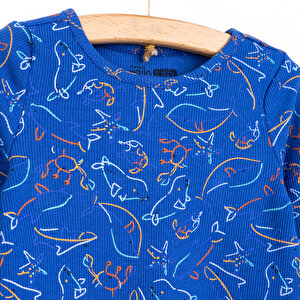 Erkek Bebek Pijama Takım İnterlok Hayvan Desen Bisiklet Yaka Uzun Yol Lacivert