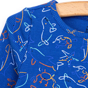 Erkek Bebek Pijama Takım İnterlok Hayvan Desen Bisiklet Yaka Uzun Yol Lacivert