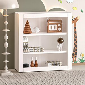 Ahşap Montessori Çocuk 3 Raflı Açık Kitaplık Beyaz