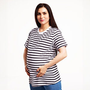 Hamile Tişört Süprem Çizgili Anne Giyim Bisiklet Yaka Kısa Kol Beyaz Hamile Tişört Süprem Çizgili Anne Giyim Bisiklet Yaka Kısa Kol Beyaz