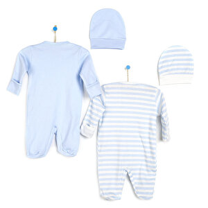 Yenidoğan Erkek Bebek Çizgili Kendinden Eldivenli Çıtçıtlı 2li Tulum-Şapka