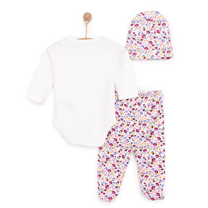 Kalp Baskılı Yenidoğan Kız Body-Patikli Alt-Şapka Kız Bebek
