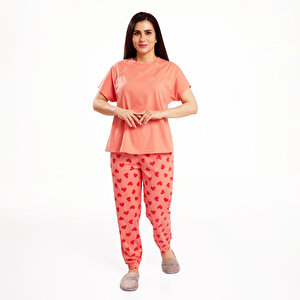 baby mom Kalp Desenli Pijama, Turuncu, S