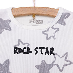 Erkek Bebek Pijama Takım Kaşkorse Yıldız Desen Bisiklet Yaka Uzun Kol Ekru