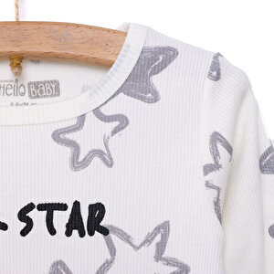 Erkek Bebek Pijama Takım Kaşkorse Yıldız Desen Bisiklet Yaka Uzun Kol Ekru