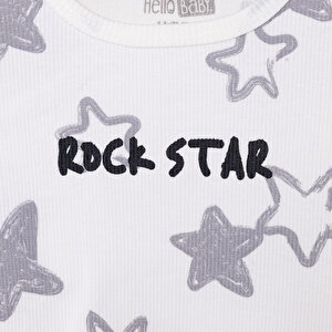 Erkek Bebek Pijama Takım Kaşkorse Yıldız Desen Bisiklet Yaka Uzun Kol Ekru