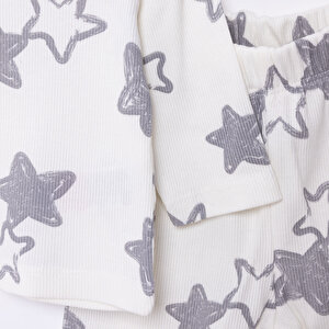 Erkek Bebek Pijama Takım Kaşkorse Yıldız Desen Bisiklet Yaka Uzun Kol Ekru