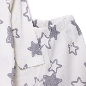 Erkek Bebek Pijama Takım Kaşkorse Yıldız Desen Bisiklet Yaka Uzun Kol Ekru