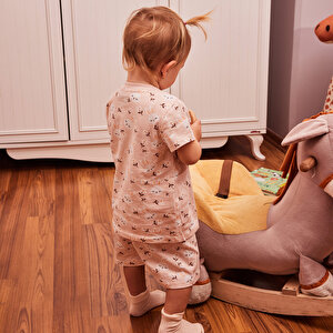 Kısa Kol Tavşan Desenli Bisiklet Yaka  Pijama Takımı Kız Bebek