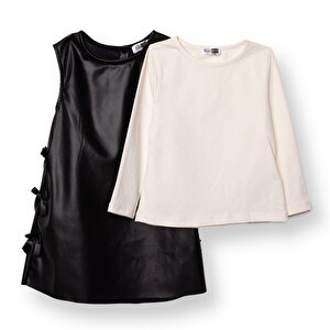 Kız Bebek Chic Elbise Tshirt Suni Deri Bisiklet Yaka Uzun Kol