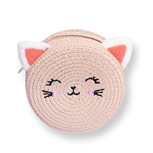 Kız Bebek Kedi Hasır Çocuk Çantası Fermuarlı