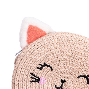 Kız Bebek Kedi Hasır Çocuk Çantası Fermuarlı