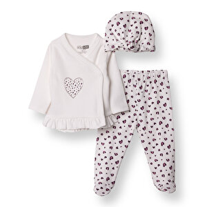 Kız Bebek Yenidoğan Zıbın-Şapka-Patikli İnterlok V Yaka Uzun Kol Patikli Paça