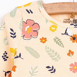 Kız Bebek Pijama Takım Kaşkorse Çiçek Desenli Bisiklet Yaka Uzun Kol Somon