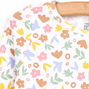 Kız Bebek Pijama Takım Kaşkorse Çiçek Desenli Bisiklet Yaka Uzun Kollu Ekru