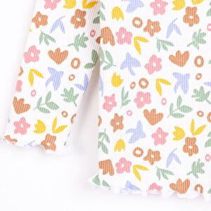Kız Bebek Pijama Takım Kaşkorse Çiçek Desenli Bisiklet Yaka Uzun Kollu Ekru