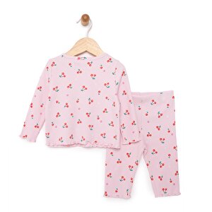 Kız Bebek Pijama Takım Kaşkorse Kiraz Desenli Bisiklet Yaka Uzun Kol Pembe