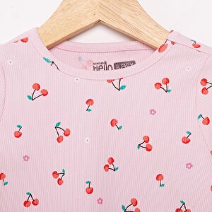 Kız Bebek Pijama Takım Kaşkorse Kiraz Desenli Bisiklet Yaka Uzun Kol Pembe