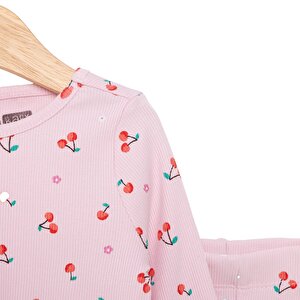 Kız Bebek Pijama Takım Kaşkorse Kiraz Desenli Bisiklet Yaka Uzun Kol Pembe