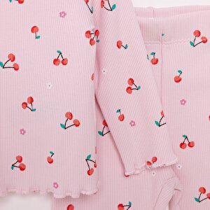 Kız Bebek Pijama Takım Kaşkorse Kiraz Desenli Bisiklet Yaka Uzun Kol Pembe