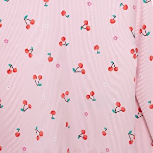 Kız Bebek Pijama Takım Kaşkorse Kiraz Desenli Bisiklet Yaka Uzun Kol Pembe