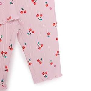 Kız Bebek Pijama Takım Kaşkorse Kiraz Desenli Bisiklet Yaka Uzun Kol Pembe