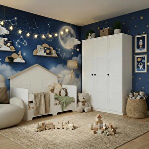 Lucas 3 Kapaklı, 6 Raf Bölmeli, Askılıklı Geniş Elbise Dolabı, Gardırop, Beyaz 190x135