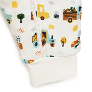 Erkek Bebek Uyku Tulum Araba Desenli İnterlok Fermuarlı 2 Tog Bisiklet Yaka Uzun Kol Bej