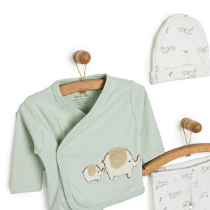 Erkek Bebek Yenidoğan 5'li Askı Hastane Çıkışı %100 Pamuk Çıtçıtlı Bisiklet Yaka Uzun Kol Mint