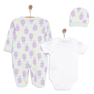 Yenidoğan Bebek Mor TavşanTulum-Body-Şapka 3lü Set Unisex Yenidoğan Bebek Mor TavşanTulum-Body-Şapka 3lü Set Unisex
