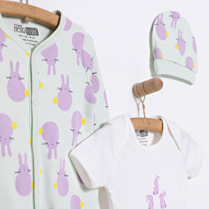 Yenidoğan Bebek Mor TavşanTulum-Body-Şapka 3lü Set Unisex Yenidoğan Bebek Mor TavşanTulum-Body-Şapka 3lü Set Unisex