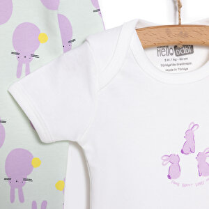 Yenidoğan Bebek Mor TavşanTulum-Body-Şapka 3lü Set Unisex Yenidoğan Bebek Mor TavşanTulum-Body-Şapka 3lü Set Unisex