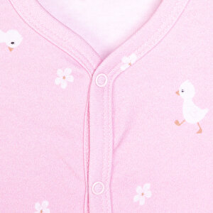 Kız Bebek Yenidoğan Tulum Şapka %100 Pamuk Çiçek Baskılı Çıtçıtlı Uzun Kol Patikli Pembe