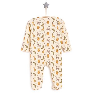 Erkek Bebek Yenidoğan Patikli Tulum %100 Pamuk Fermuarlı Hayvan Desenli Bej