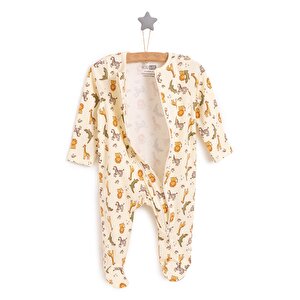 Erkek Bebek Yenidoğan Patikli Tulum %100 Pamuk Fermuarlı Hayvan Desenli Bej