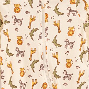 Erkek Bebek Yenidoğan Patikli Tulum %100 Pamuk Fermuarlı Hayvan Desenli Bej