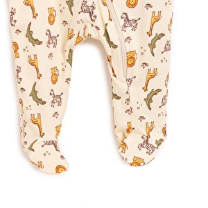 Erkek Bebek Yenidoğan Patikli Tulum %100 Pamuk Fermuarlı Hayvan Desenli Bej