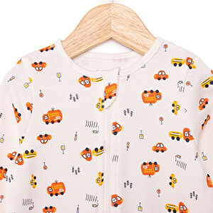 Erkek Bebek Yenidoğan Patikli Tulum %100 Pamuk Fermuarlı Bisiklet Yaka Uzun Kol Ekru