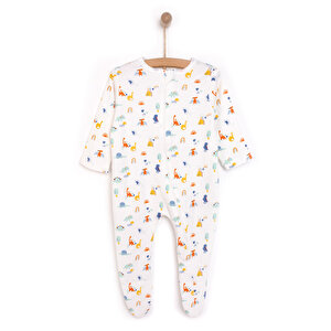 Erkek Bebek Yenidoğan Patikli Tulum %100 Pamuk Fermuarlı Hayvan Desenli Bisiklet Yaka Uzun Kol Ekru