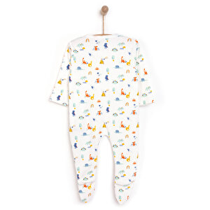Erkek Bebek Yenidoğan Patikli Tulum %100 Pamuk Fermuarlı Hayvan Desenli Bisiklet Yaka Uzun Kol Ekru