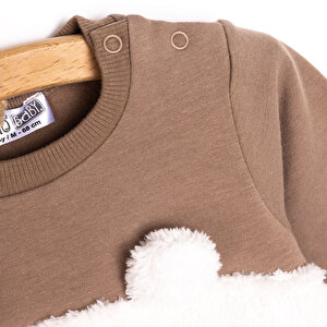 Unisex Yenidoğan Patikli Tulum İki İplik Ayı Fügürlü Peluş Çıtçıtlı Bisiklet Yaka Uzun Kol