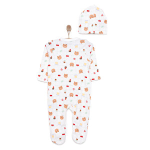 Yenidoğan Hayvanlar Baskılı Kız Tulum-Şapka Kız Bebek