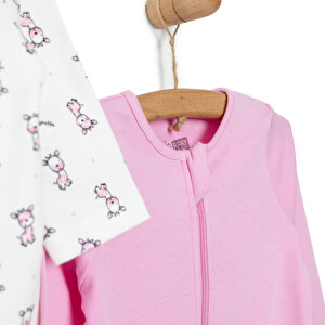 Kız Bebek 2'li Yenidoğan Patikli Tulum %100 Kumaş Fermuarlı Bisiklet Yaka Uzun Kol Pembe