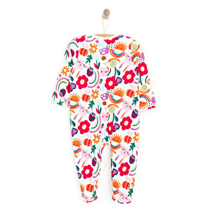 Kız Bebek Yenidoğan Patikli Tulum %100 Pamuk Çiçek Desenli Fermuarlı Bisiklet Yaka Uzun Kol Ekru