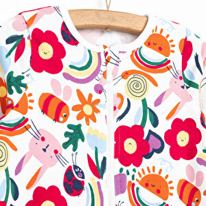 Kız Bebek Yenidoğan Patikli Tulum %100 Pamuk Çiçek Desenli Fermuarlı Bisiklet Yaka Uzun Kol Ekru