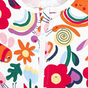 Kız Bebek Yenidoğan Patikli Tulum %100 Pamuk Çiçek Desenli Fermuarlı Bisiklet Yaka Uzun Kol Ekru