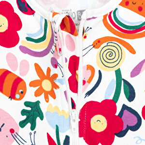 Kız Bebek Yenidoğan Patikli Tulum %100 Pamuk Çiçek Desenli Fermuarlı Bisiklet Yaka Uzun Kol Ekru