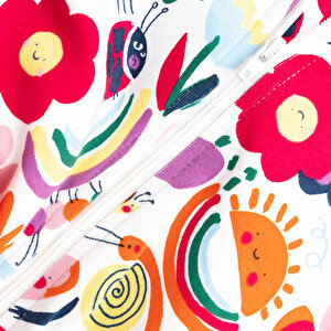 Kız Bebek Yenidoğan Patikli Tulum %100 Pamuk Çiçek Desenli Fermuarlı Bisiklet Yaka Uzun Kol Ekru