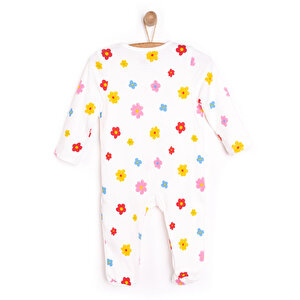 Kız Bebek Yenidoğan Patikli Tulum Çiçek Desenli Fermuarlı Bisiklet Yaka Uzun Kol Mavi